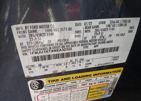 2022 Ford Expedition Limited from USA, damaged, VIN 1FMJU1KTXNEA32322